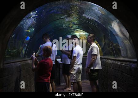 (240626) -- QAWRA, 26 giugno 2024 (Xinhua) -- le persone visitano l'acquario nazionale di Malta a Qawra, Malta, il 26 giugno 2024. (Xinhua/Chen Wenxian) Foto Stock