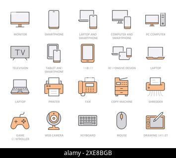 Icone della linea dei dispositivi impostate. Computer, computer portatile, telefono cellulare, fax, scanner, illustrazioni vettoriali minime per smartphone. Semplice segno di contorno piatto per il web Illustrazione Vettoriale