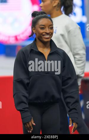 Minneapolis, Minnesota, Stati Uniti. 26 giugno 2024. SIMONE BILES partecipa a una sessione di allenamento in vista dei test di ginnastica olimpica degli Stati Uniti del 2024 al Target Center di Minneapolis. (Immagine di credito: © Steven Garcia/ZUMA Press Wire) SOLO PER USO EDITORIALE! Non per USO commerciale! Foto Stock