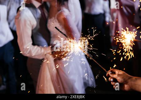 Sparkler in mano su un matrimonio - sposa, sposo e ospiti che tengono le luci Foto Stock