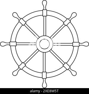 Illustrazione lineare vettoriale del volante. Disegno di Helm dalla nave pirata dipinto da inchiostri neri su sfondo isolato. Schizzo di elemento in legno per la navigazione in design nautico. Profilo di caricamento per icona Illustrazione Vettoriale