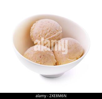 Tre palline di gelato alla vaniglia e alla banana in un recipiente bianco Foto Stock