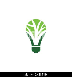 Contorno verde organico della lampadina elettrica con tre foglie verdi. Icona contorno piatto. Illustrazione vettoriale. Eco-compatibile Illustrazione Vettoriale