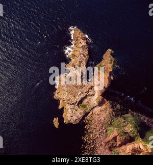 Veduta aerea del Vecchio uomo di Hoy, una pila marina di 449 metri di arenaria rossa arroccata su un plinto di basalto igneo, vicino a Rackwick Bay sulla costa occidentale dell'isola di Hoy, Isole Orcadi, Scozia, Regno Unito Foto Stock