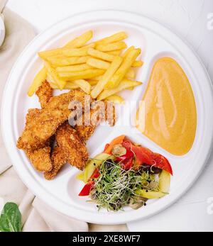 Pepite di pollo con patatine fritte e salsa di senape Foto Stock