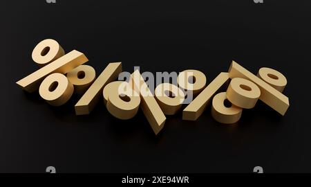 Percentuale di iscrizione dorata sul podio nero, luce soffusa, sfondo liscio per la vista frontale, rendering 3d. Foto Stock