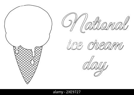 Pagina di colorazione National Ice Cream Day con un'immagine di un cono di gelato. Perfetto per progetti a tema estivo e relax. Illustrazione Vettoriale