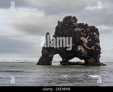 L'elefante bevente o rinoceros, stack di basalto Hvitserkur lungo la costa orientale della penisola di Vatnsnes, nel nord-ovest dell'Islanda Foto Stock