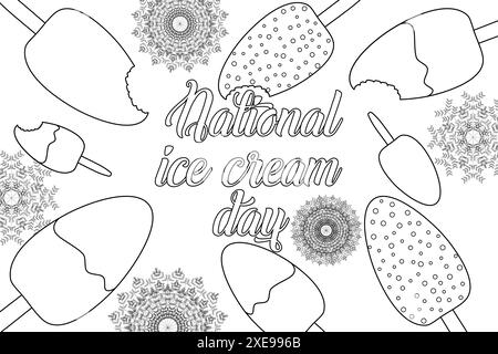 Celebra la giornata nazionale del gelato con questa illustrazione vettoriale con varie gelaterie e fiocchi di neve per colorare le pagine. Perfetto per le vacanze Illustrazione Vettoriale