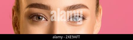 Primo piano di Womans Eyes con sopracciglia marroni su sfondo rosa Foto Stock