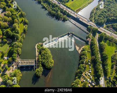 Vista aerea, centrale idroelettrica di Stiftsmühle, ponte ciclabile dell'estuario del Volme e autostrada A1, Herdecke, regione della Ruhr, Renania settentrionale-Vestfalia, Ger Foto Stock