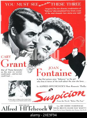 1941 Suspicion film poster, diretto da Alfred Hitchcock, con Cary Grant e Joan Fontaine Foto Stock