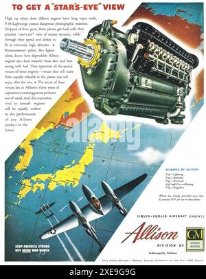 1944 WW2 Allison Aircraft Engines ad - WWII Lockheed P-38 Lightning Fighter Aircraft Foto Stock