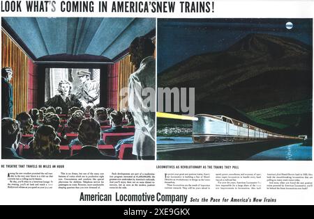 1946 annuncio della American Locomotive Company - "Guarda cosa sta arrivando nei nuovi treni americani!" - Film in treno Foto Stock