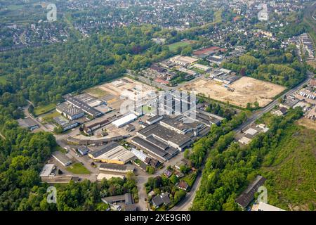 Vista aerea, cantiere nella zona industriale am Trimbuschhof, area forestale, Sodingen, Herne, Ruhr, Renania settentrionale-Vestfalia, Germania, Aer Foto Stock