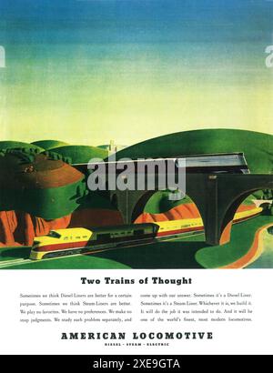 1942 American Locomotive ad - due treni di pensiero - Diesel-Liner e Steam-Liner Foto Stock