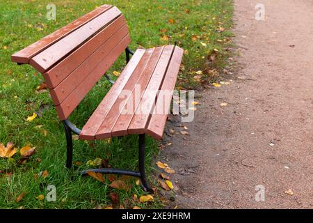 Una panchina vuota si trova lungo un percorso pedonale in un giorno d'autunno Foto Stock