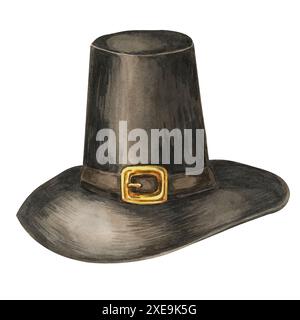 Cappello Piligrim nero con fibbia dorata. Illustrazione in acquerello dei tradizionali copricapi puritani. Simbolo del Ringraziamento natalizio per decorazioni, inviti, cartoline, poster, adesivi Foto Stock