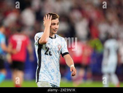 Il portoghese Francisco Conceicao mostra un'escrezione durante la partita UEFA Euro 2024 di gruppo F all'Arena AufSchalke di Gelsenkirchen, in Germania. Data foto: Mercoledì 26 giugno 2024. Foto Stock