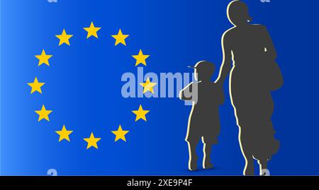 Tagliare la silhouette di una madre con un bambino, rifugiati in fuga dalla guerra. Bandiera dell'unione europea. Rifugiato Foto Stock