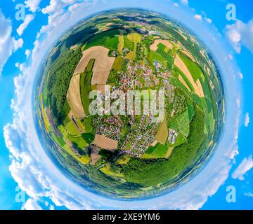 Vista aerea, zona residenziale di Lichtenau, vista locale, prati e campi, globo, immagine fisheye, immagine a 360 gradi, mondo minuscolo, piccolo pianeta, Lichtenau, Foto Stock