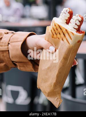 Hot dog francesi in mano alla donna Foto Stock