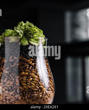 Luppolo e frumento in un bicchiere per birra Foto Stock