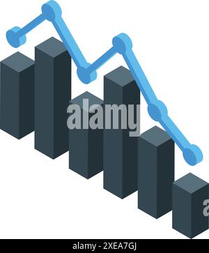 illustrazione isometrica 3d di un grafico a linea blu che diminuisce sulle barre grigie, che rappresenta un trend negativo Illustrazione Vettoriale