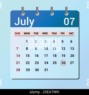 Luglio 26. Calendario con icone piatte isolato su sfondo blu. Illustrazione vettoriale di data e mese Illustrazione Vettoriale