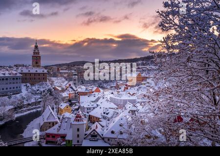 Vista di Cesky Krumlov in inverno, Repubblica Ceca. Foto Stock