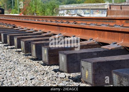 Nuova sezione ferroviaria pronta per l'installazione. Nuovissime cravatte in legno ricoperte di creosoto. Binari arrugginiti. Foto Stock