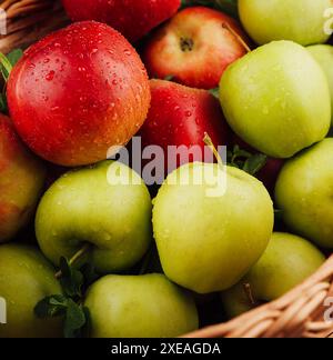 Primo piano di mele rosse e verdi con gocce d'acqua Foto Stock