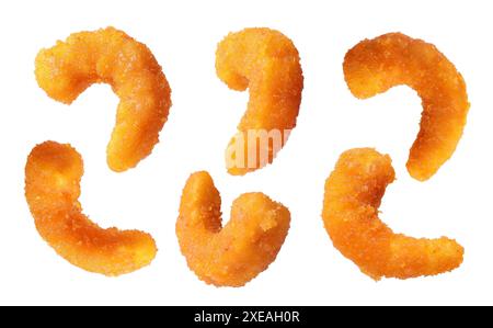Gustosi gamberetti fritti in pastella isolati su bianco, set Foto Stock