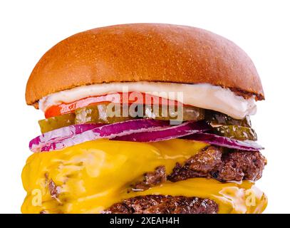 Grande cheeseburger con due polpettine di manzo grigliate Foto Stock