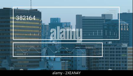 Immagine del grafico, che cambia numero sopra la vista aerea della città moderna contro il cielo Foto Stock