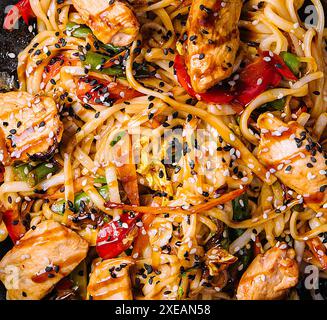 Mescolare gli spaghetti con verdure e pollo macro Foto Stock