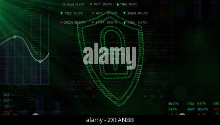 Immagine di statistiche, elaborazione dei dati del mercato azionario, icona del lucchetto di sicurezza e punto luce verde Foto Stock