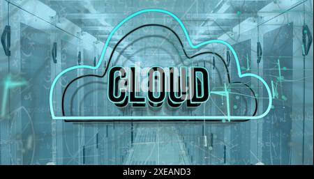 Immagine del testo della nuvola nel cloud, equazione matematica e diagrammi nella sala server Foto Stock