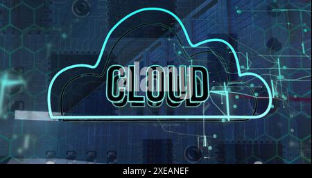 Immagine del testo del cloud nella vista aerea della scheda madre in background Foto Stock