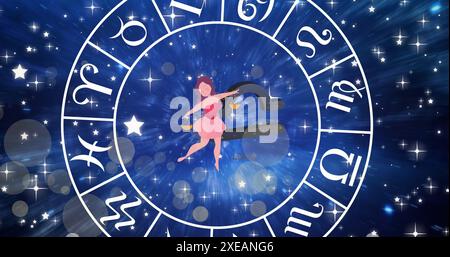 Immagine del segno della stella della vergine nella ruota zodiacale sul cielo stellato Foto Stock