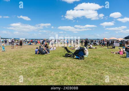 Tauranga nuova Zelanda - gennaio 28 2012; la folla si è riunita e si è rilassata su un ampio campo sotto il cielo blu con nuvole bianche soffici. Foto Stock