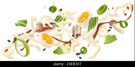 Spaghetti Udon con verdure, uova, funghi e salsa di soia Foto Stock