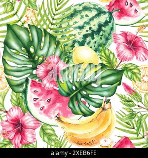 Motivo tropicale acquerello con anguria, limone, banana, foglie tropicali e ibisco su sfondo bianco. Disegno a mano senza cuciture. Botanico p Foto Stock