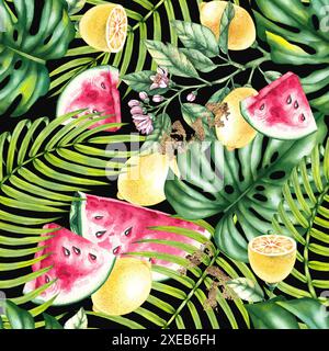 Motivo tropicale acquerello con anguria, limone, foglie tropicali e oro su sfondo scuro. Disegno a mano senza cuciture. Motivo botanico per te Foto Stock