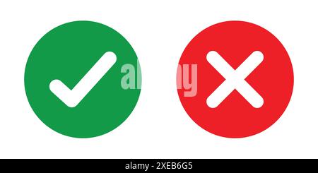 Set di icone con segno di spunta verde e croce rossa. Segni di spunta isolati, segni della lista di controllo, badge di approvazione. Selezionare e x o confermare e negare il set di icone. Illustrazione Vettoriale