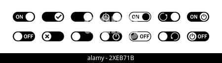 Set di pulsanti On e Off. Pulsante di accensione/spegnimento. Set di icone del pulsante di commutazione. Accendere e spegnere il pulsante dell'interruttore. Pulsanti di accensione e spegnimento. Illustrazione Vettoriale