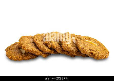 Un mucchio di deliziosi biscotti croccanti al cocco con vista dall'alto. Foto Stock