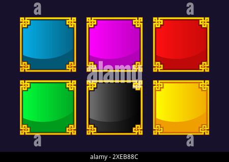 Cornici cinesi vuote di colore dorato. Profilati o bordi quadrati, Illustrazione Vettoriale