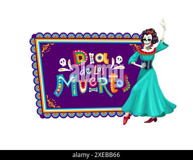 Banner natalizio messicano "Day of the Dead" con il personaggio di Catrina danzante, sfondo vettoriale. Dia de Los Muertos festa di benvenuto con ossa scheletriche lettere e Catrina con teschio calavera Illustrazione Vettoriale
