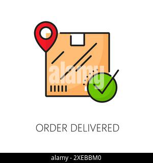 Icona della linea di colore dell'ordine consegnato della scatola di consegna o della confezione, segno di spunta verde e spillo rosso della mappa. Cartello di riferimento per la logistica vettoriale, la spedizione e il servizio merci per la conferma della consegna, l'ordine ricevuto Illustrazione Vettoriale